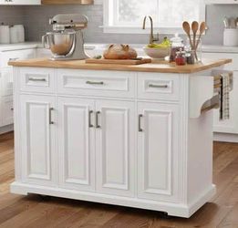 Assembled New 54” Large Kitchen Island Wood Drop Leaf Embossed Texture Rolling Kitchen Cart