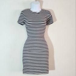 French Connection Short-Sleeved, Striped Crew Neck Bodycon T-shirt Dress, Size:6 Color: Black/White