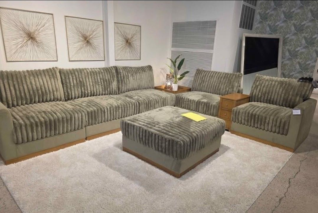 Brand New Lifestyle 8pc Cord Green Modular Sectional w Power tray, Power Console and Ottoman Set!
