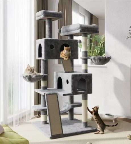 USAN1047027-GY 65.7" Large Cat Tree and Tower Condo for Indoor Cats with 2 Scratching Boards, Hammock & Post, Gray