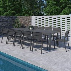 Brand New 11 Pieces Extandable Rectangular Grey Stackable Dining Set Made Of Die-cast Aluminum For Outdoor & Patio Furniture
