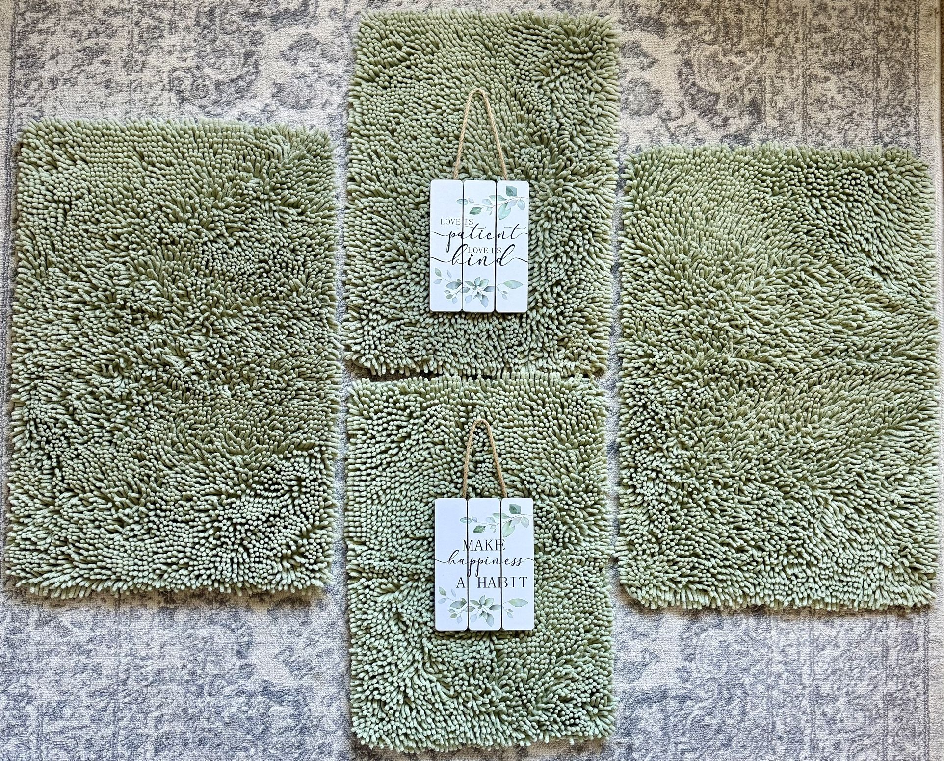 Bathroom Decor- 4 Light Green Rugs & 2 Pictures