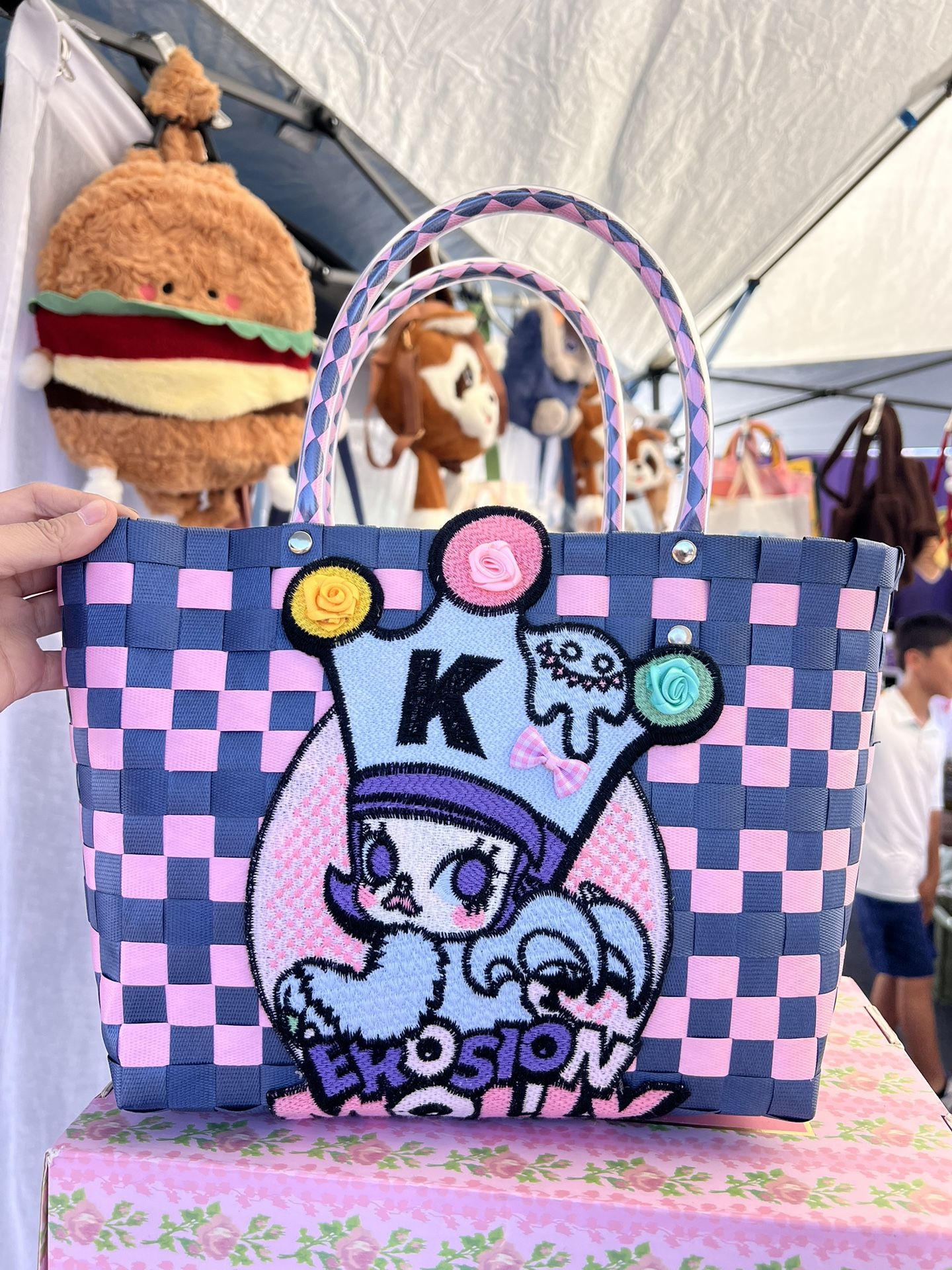 Pink Blue Check Woven Tote Large Bag