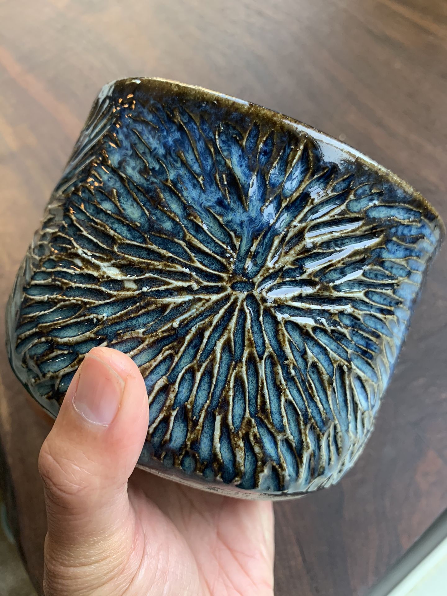 Unique handmade speckled blue ceramic plant pot with design