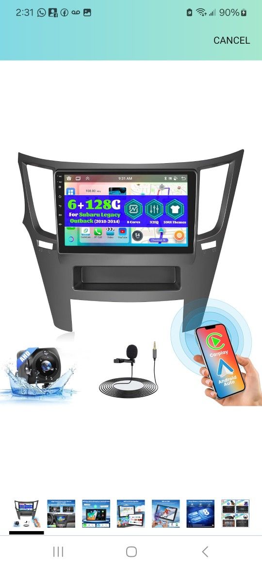 Roinvou 8 Cores 6+128G Android Car Radio for Subaru Legacy Outback 2010 2011 2012 2013 2014, 9" Upgrade Touch Screen for Legacy Outback with Carplay A