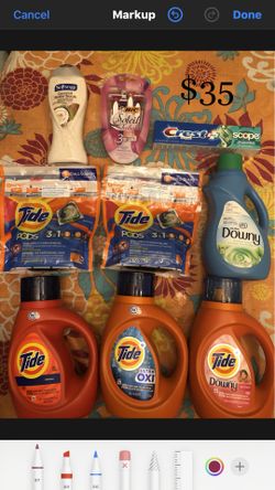 5 Tide; 1 Downy 1 Softsoap; 1 Bic Razors; 1 Toothpaste: 9 Items $35