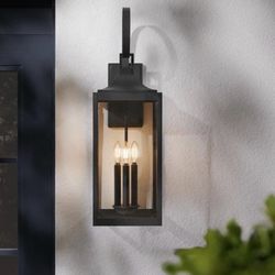 27.8 in. 3-Light Matte Black Hardwired Outdoor Wall Light Lantern Sconce with Clear Glass (1-Pack)