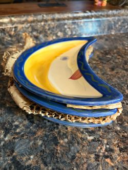 Pfaltzgraff Villa Della Luna Blue Yellow Crescent 8" Moon Set of 3