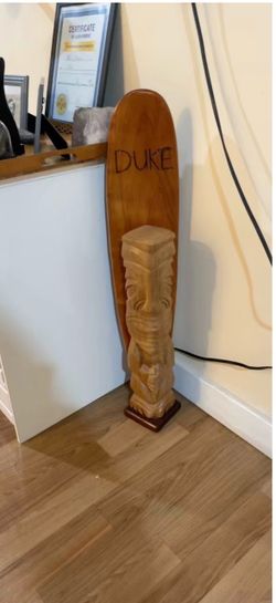 Wooden Tiki Statue with Duke Surfboard Decor