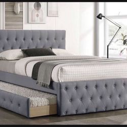 New In Box FULL BED W/TRUNDLE-LIGHT GREY BURLAP And 2 Mattresses.