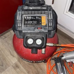 Porter cable 6 Gal 150psi Air Compressor. 16ga Finish Nailer Gun With New Hose. 