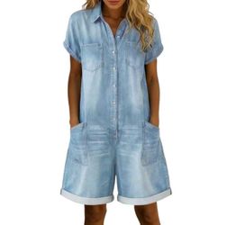 Women's Denim Jumpsuit  V-Neck  Short Sleeves  Button-Front  With Pockets  Loose Fit  Casual  Perfect For Everyday Wear And Vacations（small）