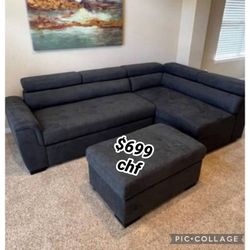  97" Dark Gray Fabric Sleeper Sofa Sectional with Adjustable Headrest and Storage Ottoman