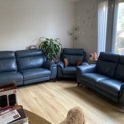 3 Piece Leather Sofa, Love Seat And Corner Chair With Recliner S And USB Phone Chargers