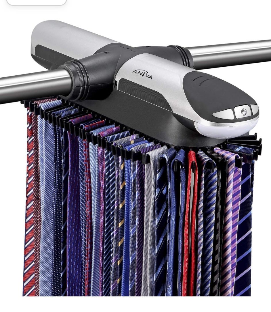 Motorized Tie Rack Best Closet Organizer with LED Lights, Automatic Rotation Operates with Batteries (72 Ties)