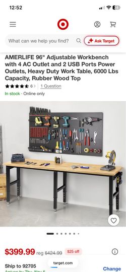 96" Adjustable Heavy Duty Workbench with 4 AC Outlet and 2 USB Ports Power Outlets, 6000 Lbs Capacity, Rubber Wood Top, black worth $429