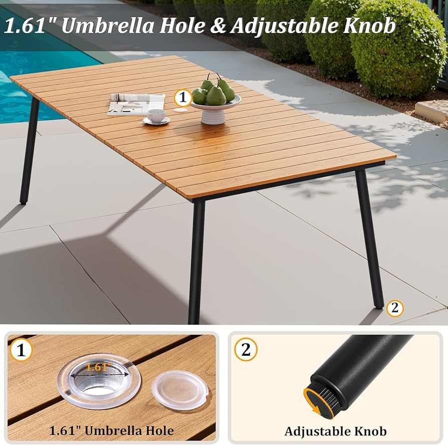 Outdoor Dining Table for 6-8, 82.7 inch Patio Dining Table with Wooden-Like Top and Aluminum Frame, Rectangular Table with Umbrella Hole Outdoor Furni