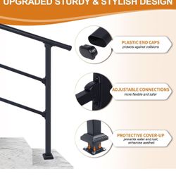 3-Step Outdoor Stair Railing: Black Wrought Iron Handrail for 2 to 3 Steps - Porch Stairs Hand Rail