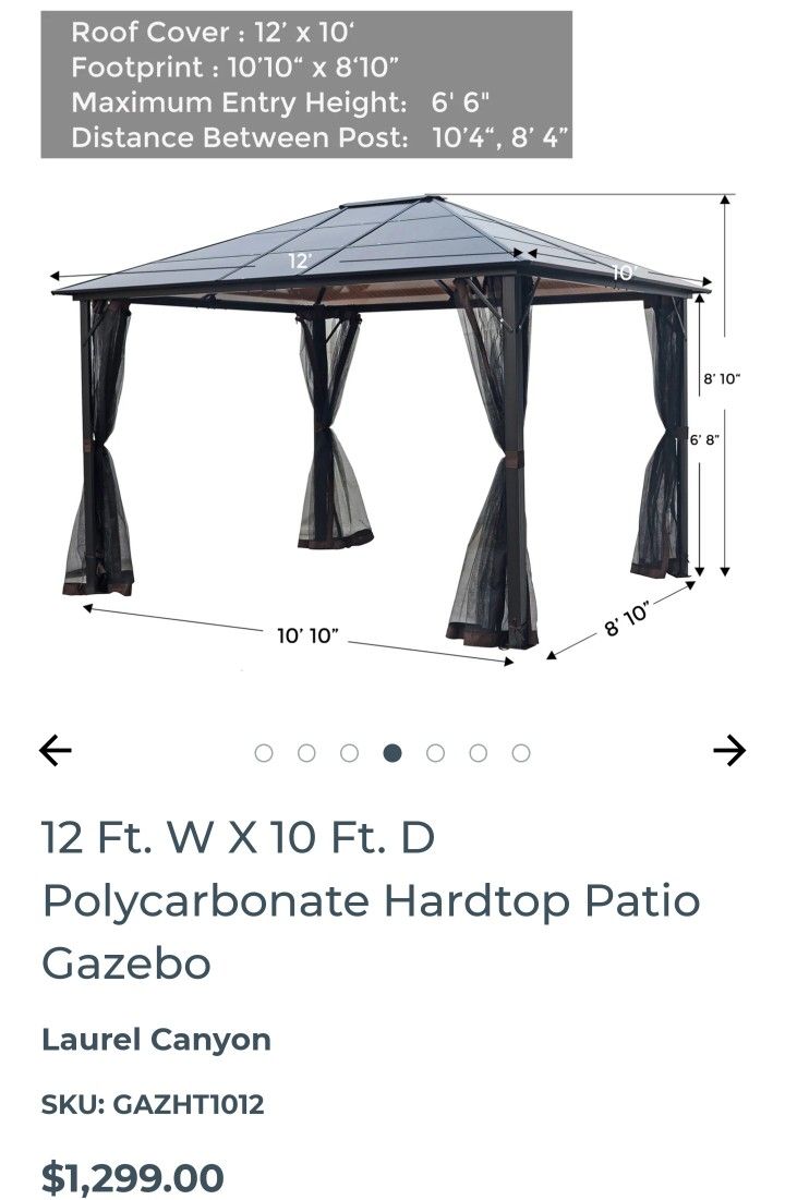 12 Ft. W X 10 Ft. Hardtop Patio Gazebo