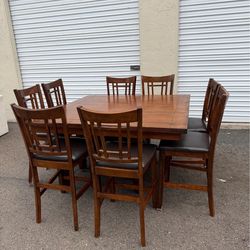 Brown Dining Table With 8 Chairs & Leaf Extension