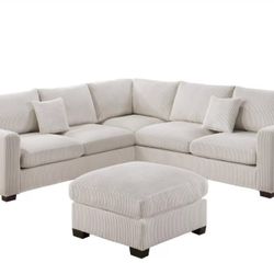 NEW Modern Sectional Sofa and Ottoman Set Ivory White Cream Beige Soft Fabric Ashley Style BIG Discount Furniture Clearance SALE Designer Couch Chic