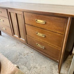 Stanley Mid Century Modern Walnut 9 Drawer Triple Dresser