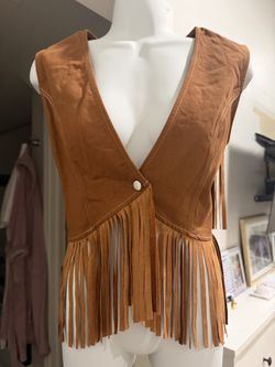 Brown Cognac Fringe Western Boho Cowgirl Vest 100% Cotton S