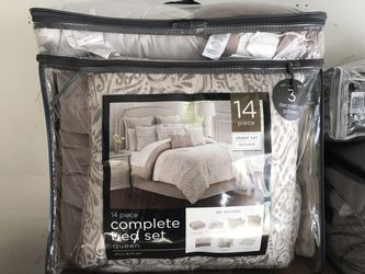 New queen size complete bedroom set 14 piece Miramar brown beige with throw pillows comforter bedskirt sheet set and shams