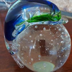 Art Glass Paperweight Blue Green Dolphin  Clear Bubble Glass Ball Sphere