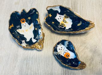 Decoupage  Halloween Oyster Shell Dish Set of 3