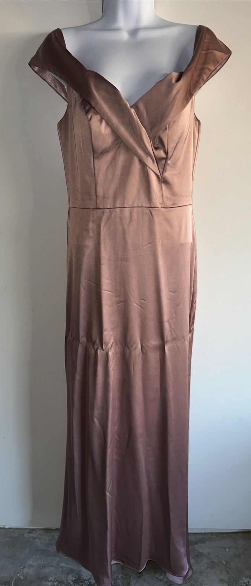 Brown Revelry-off the shoulder satin dress. Revelry Bridesmaids Dress Maxi Dakota in Gold Champagne
