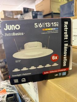 pack of Juno RB56 SWW5 RetroBasics 5/6" LED retrofit downlight trims in matte white.