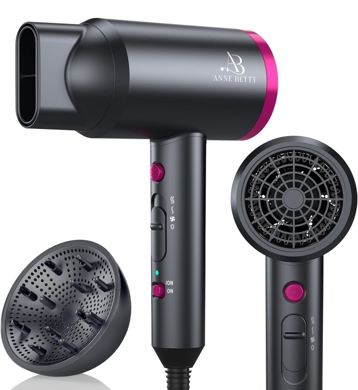 Hair Dryer with Diffuser, Blow Dryer for Curly Hair for Women/Men, 1800 Watt Ionic HairDryer