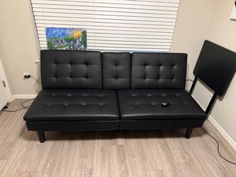 Black Faux Leather Tufted Futon Sofa