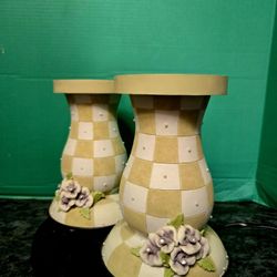 McKenzie Childs Inspired Checkered Candle Holders with Floral Applique on the Base Cottage Style  8.5"×5"