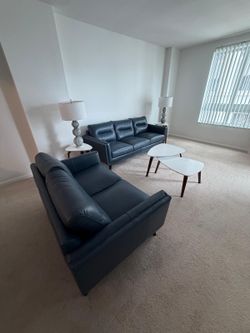 Cindy Crawford collection leather couch/loveseat/rug combo
