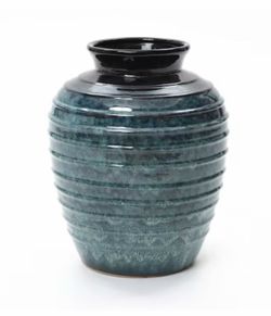 LuxenHome Rippled Blue with Brown 15.75 Inch Tall Round Ceramic Vase Decorative Home Accent