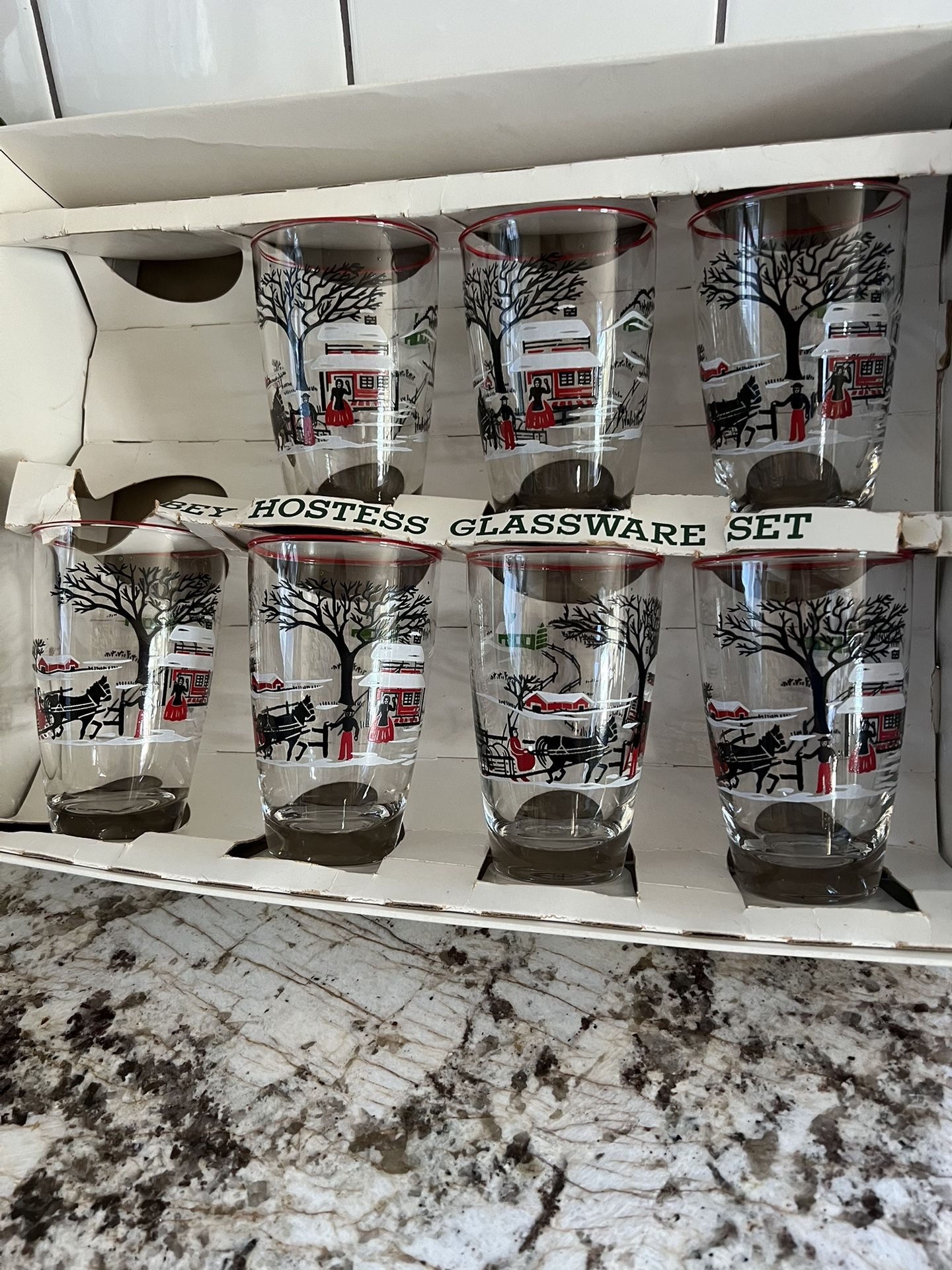 Like new Vintage MCM Currier & Ives by Libbey Glass Company Flat Tumblers, 10 oz, Set of 7 Colonial Times Print, Red Rim, Blown Glass,