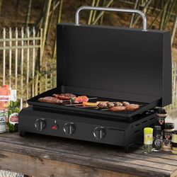 3 Burner Gas Griddle with Hood- 23.3 Inch Outdoor Propane Griddle-45000 BTU Propane Fuelled, Portable Flat Top Gas Grill Camping Griddle with Lid for 
