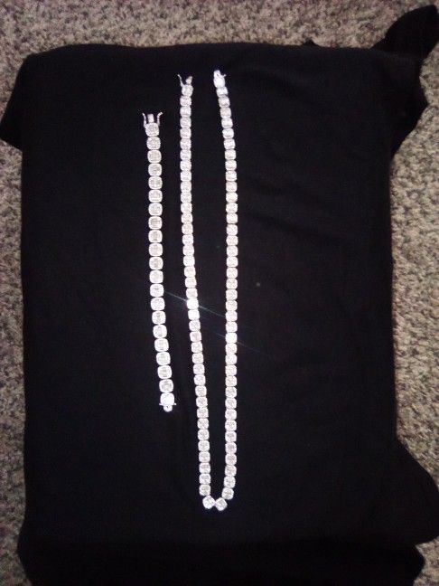 Real Sterling Silver Emerald Cut Necklace And Bracelet