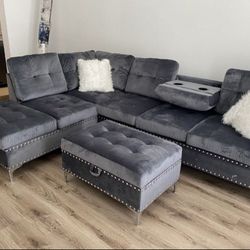 New Joy Gray Velvet Sectional With Ottoman And Free Delivery 