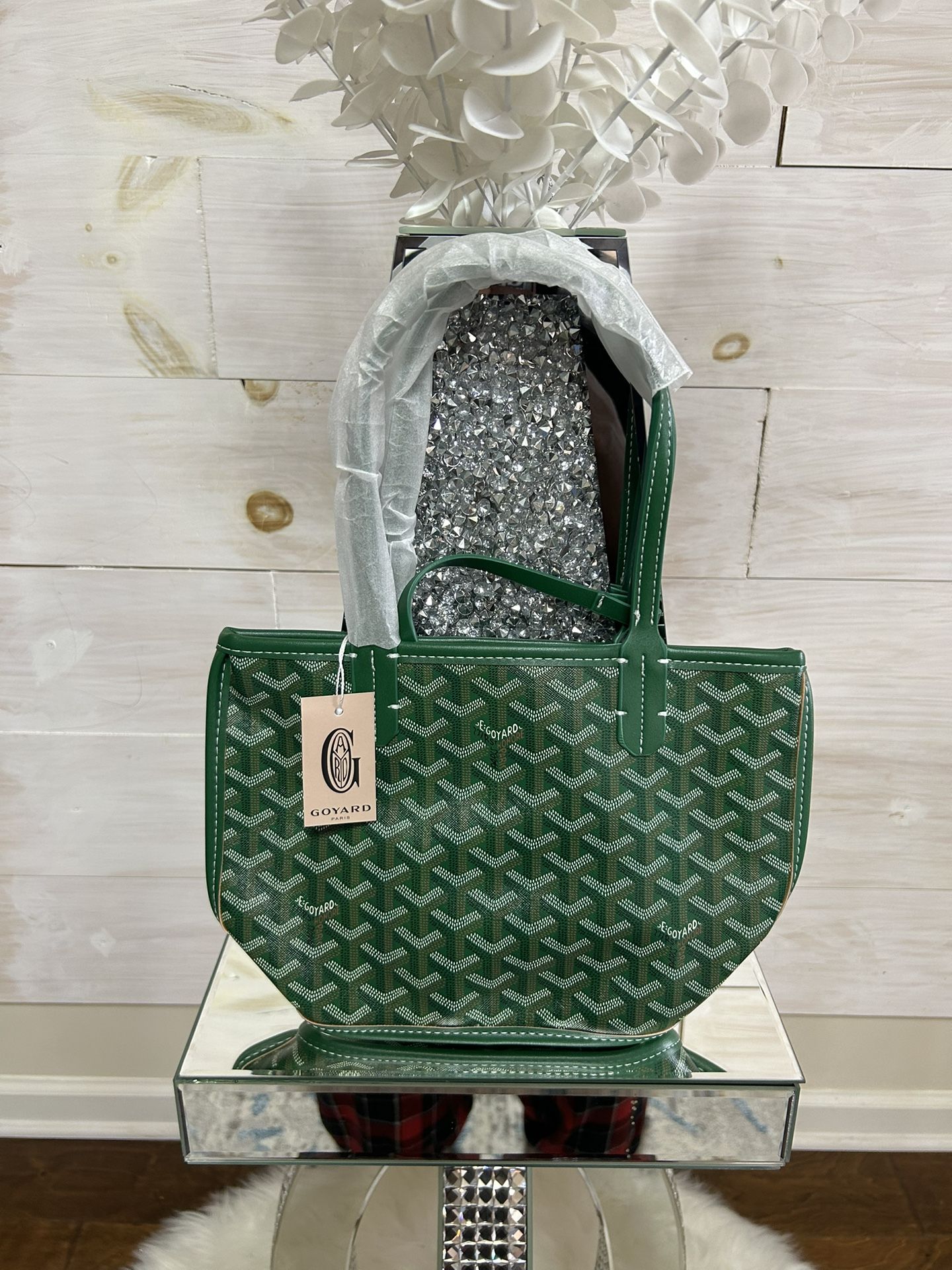 Goyard Green Medium Tote Bag Canvas Leather with Pouch