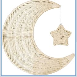 lotoo Rattan Moon Wall Decor, Boho Art Moon with Stars Decor for Boy, Baby Room, Home