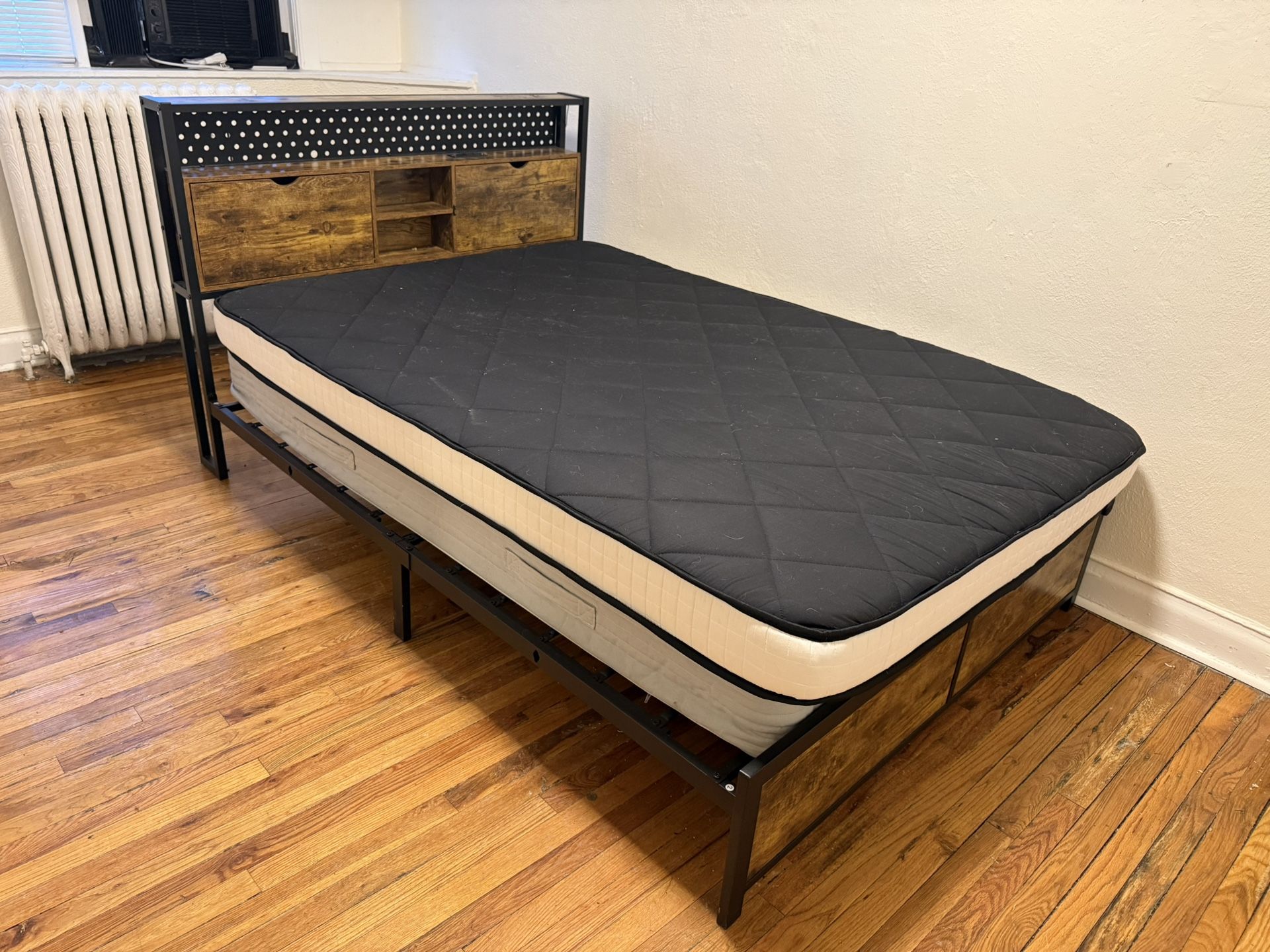 Full Size Brown Bed Frame with Mattress Headboard LED Lights
