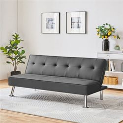 Convertible Futon Sofa Bed Tufted Faux Leather Futon Couch Bed With Metal Legs  
