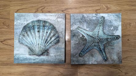 Coastal Canvas Wall Art Set of 2 Seashell Ocean