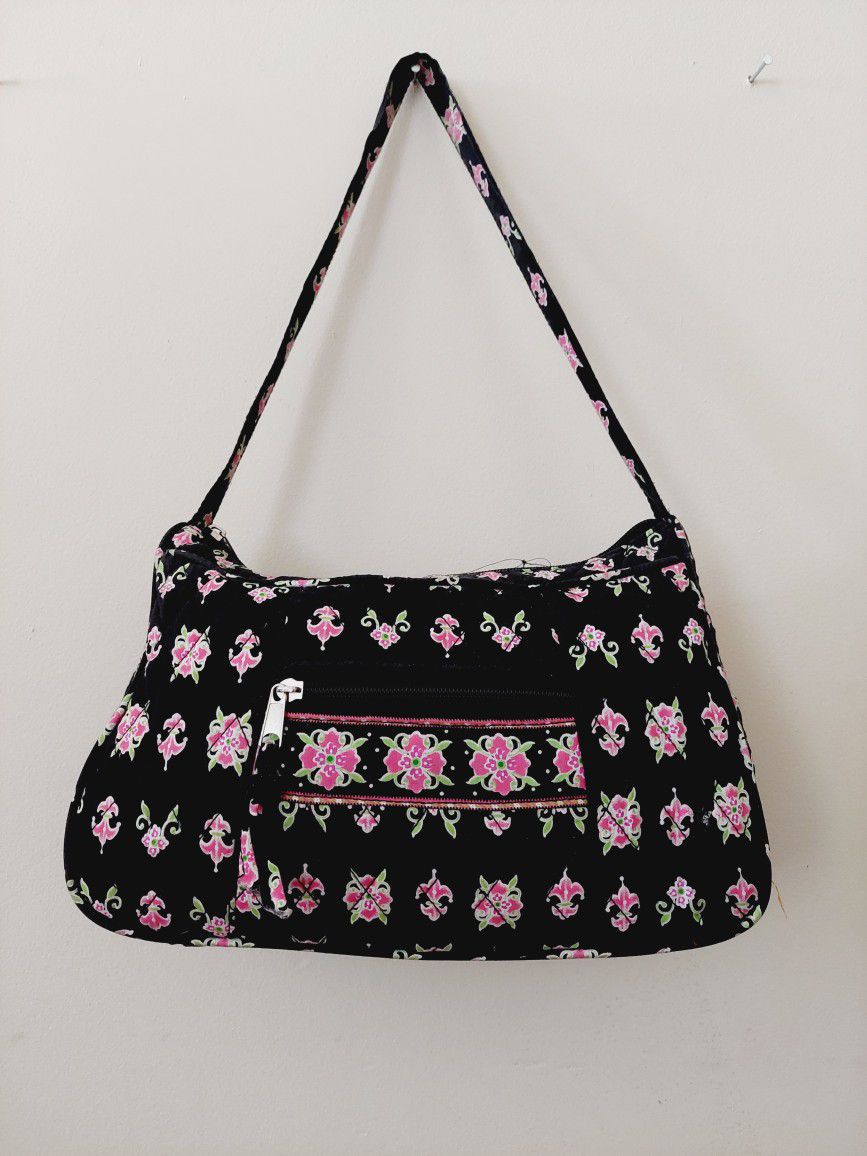 12"×7" Floral on Black Quilted 100% Cotton Ladies Womens Shoulder Handbag Purse with Zippered inside and outside pockets. 80's Preppy retro! Black lin