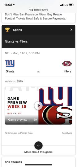 Monday night football 49ers and Giants two tickets