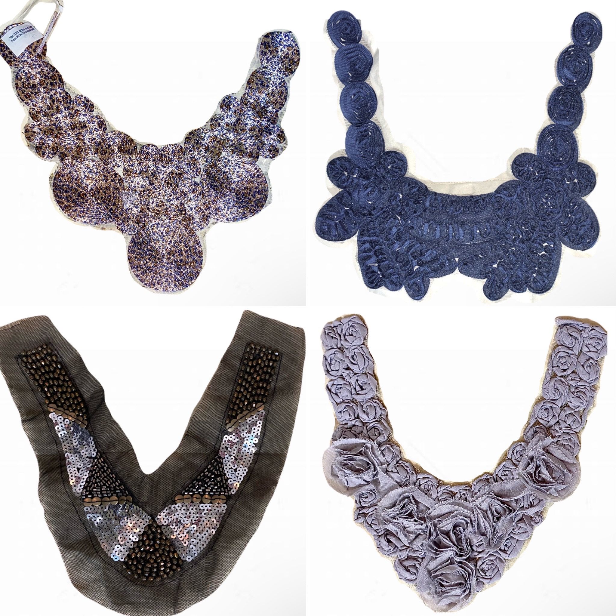 4 Vintage Neck Trim Appliqués, Tops Dresses & Costume: Leopard, Sequin, Gray & Navy Floral