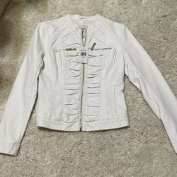 New Guess fake leather womens jacket coat white gold small ruching 